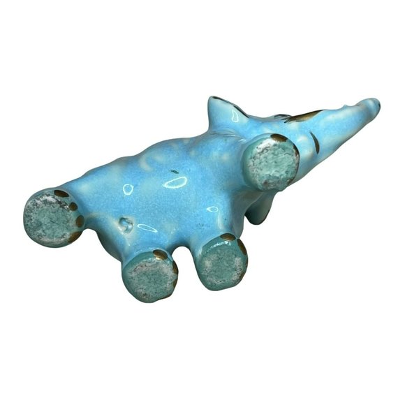 Vintage Ceramic Blue Glazed Elephant Figurine Trunk Up Gold Details - Picture 6 of 6